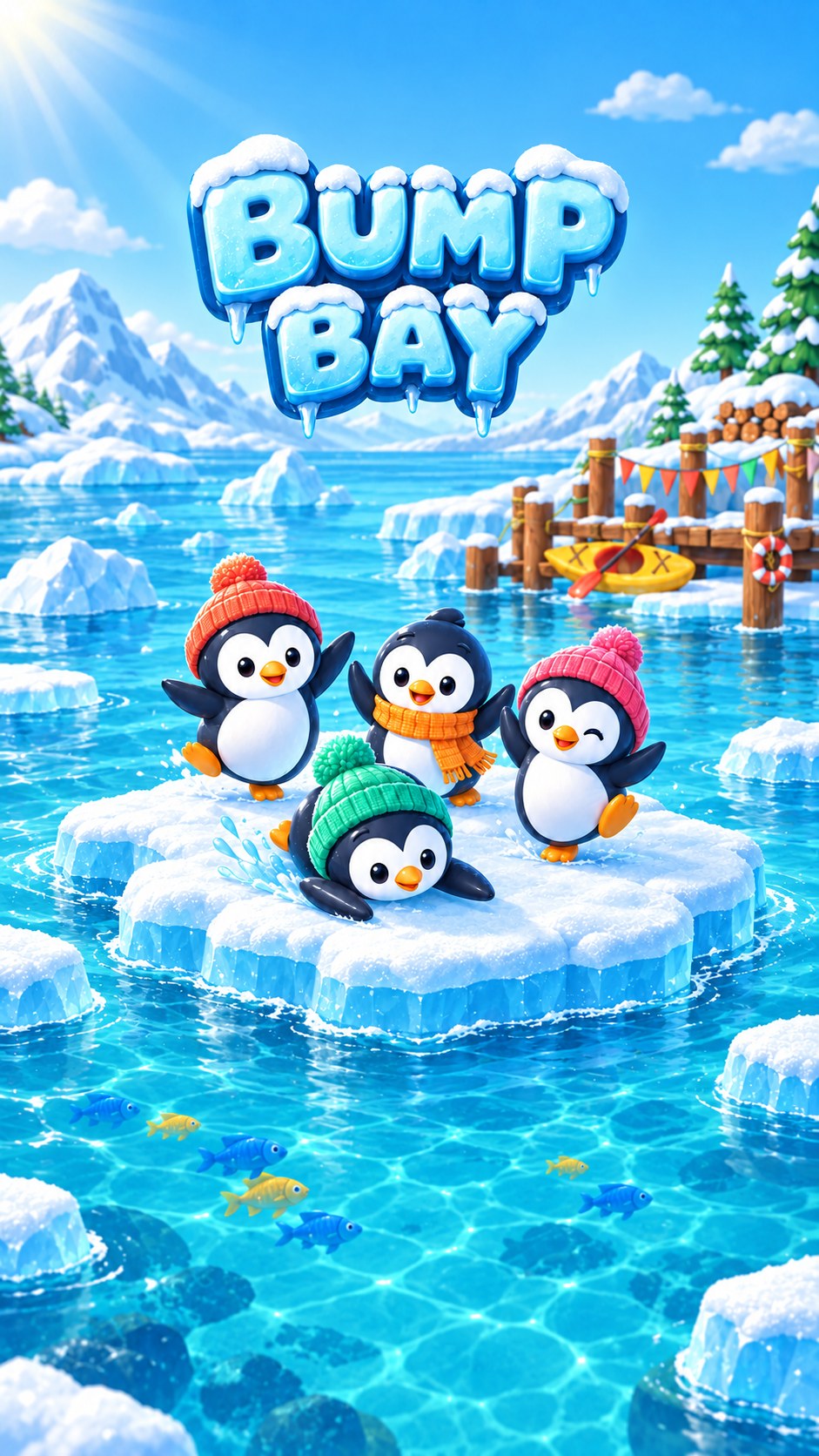 Bump Bay 的冰雪海灣、企鵝與漂浮冰塊插畫